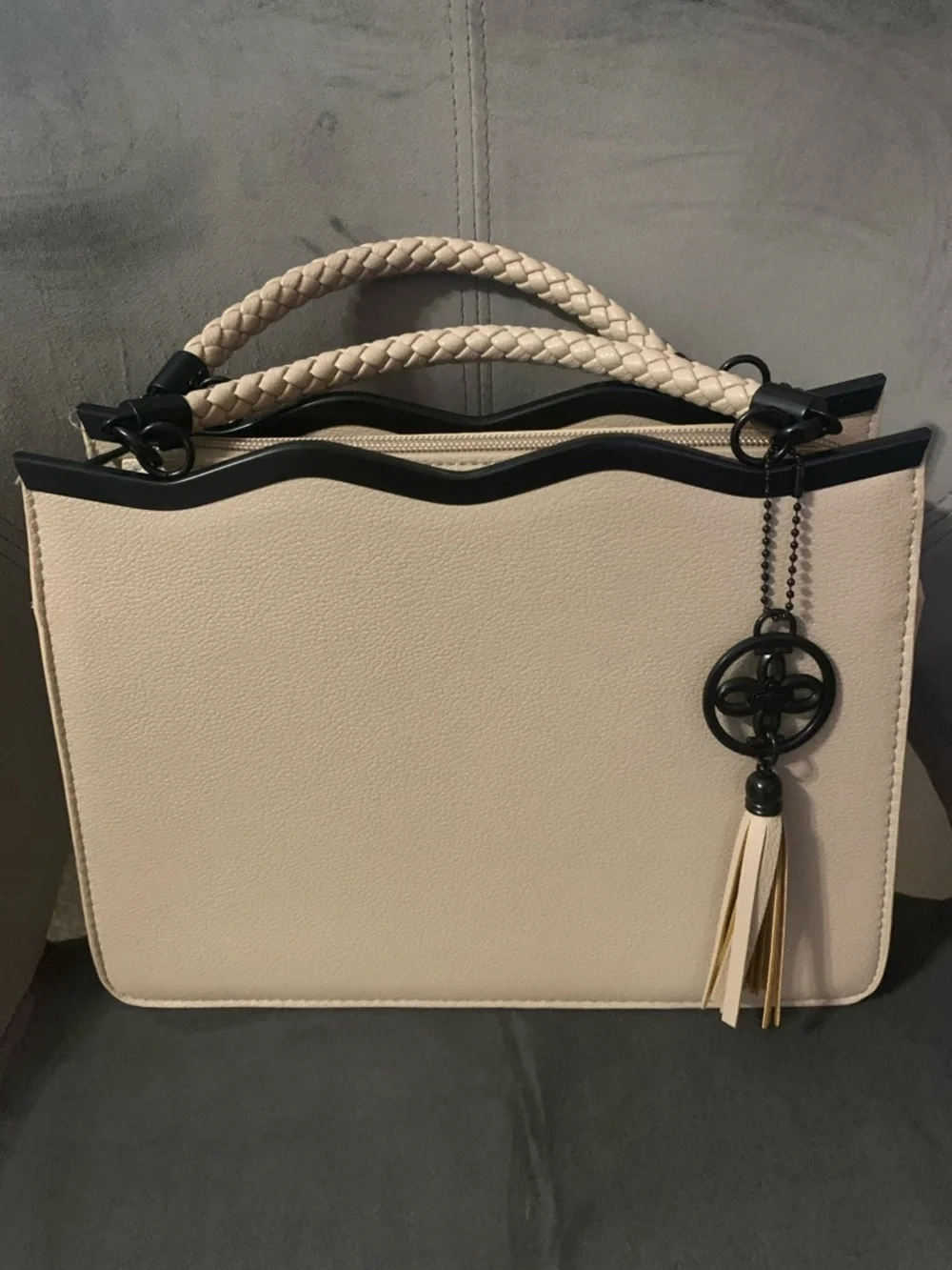Cream and Black Trim Satchel with Braided Handles and Tassel Charm